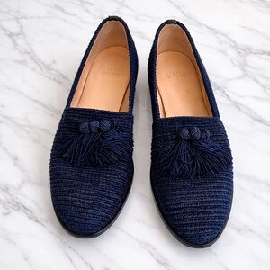 STUART WEITZMAN Tassel Loafers Textured Raffia Slip On Flats Navy